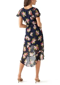 Women's Printed Flutter Sleeve High Low Faux Wrap Dress