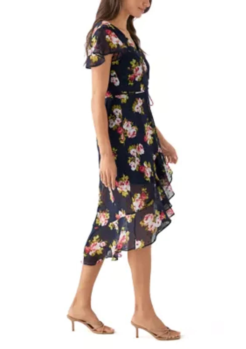 Women's Printed Flutter Sleeve High Low Faux Wrap Dress