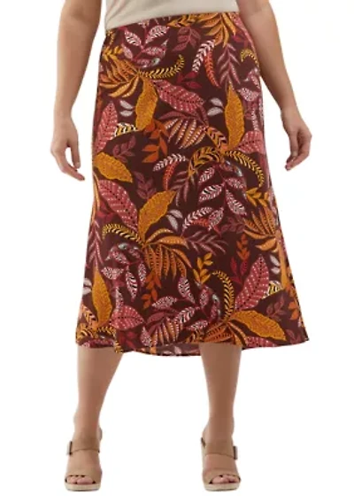 Plus Leaf Print Shine Bias Skirt