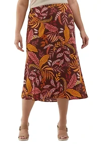 Plus Leaf Print Shine Bias Skirt