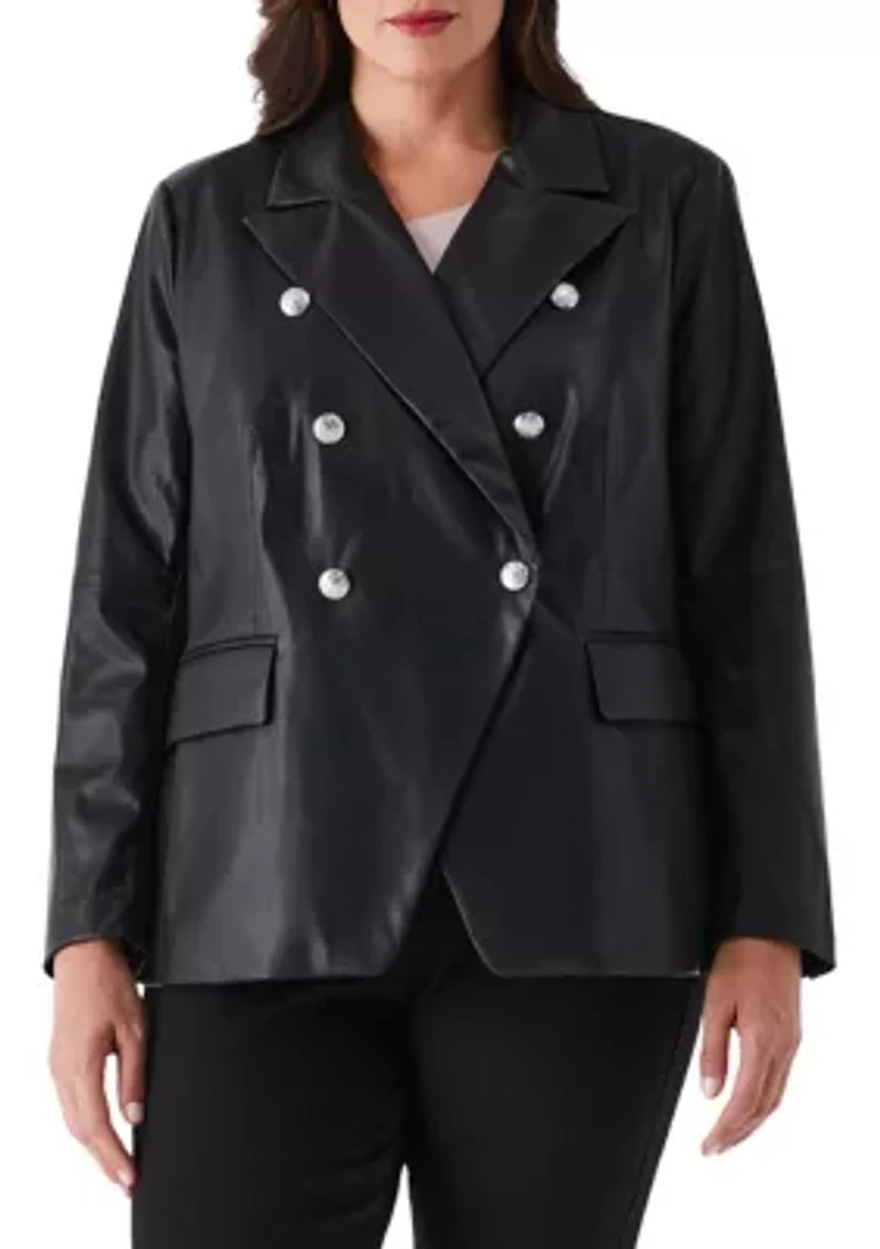 Plus Vegan Leather Double Breasted Blazer