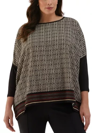 Plus Medallion Print Knit Woven 3/4 Sleeve Top