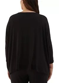 Plus Medallion Print Knit Woven 3/4 Sleeve Top