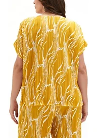 Plus Ripple Print V-Neck Plisse Short Sleeve Top