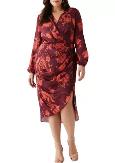 Plus Faux Wrap Long Sleeve Midi Dress