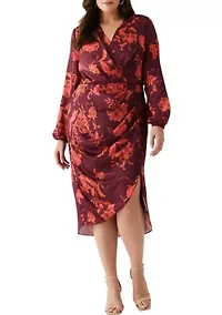 Plus Faux Wrap Long Sleeve Midi Dress