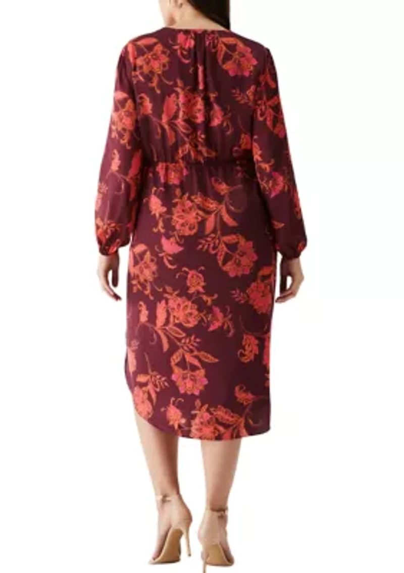 Plus Faux Wrap Long Sleeve Midi Dress
