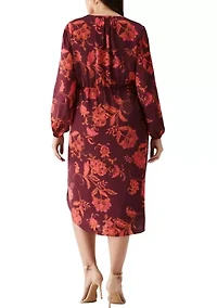 Plus Faux Wrap Long Sleeve Midi Dress