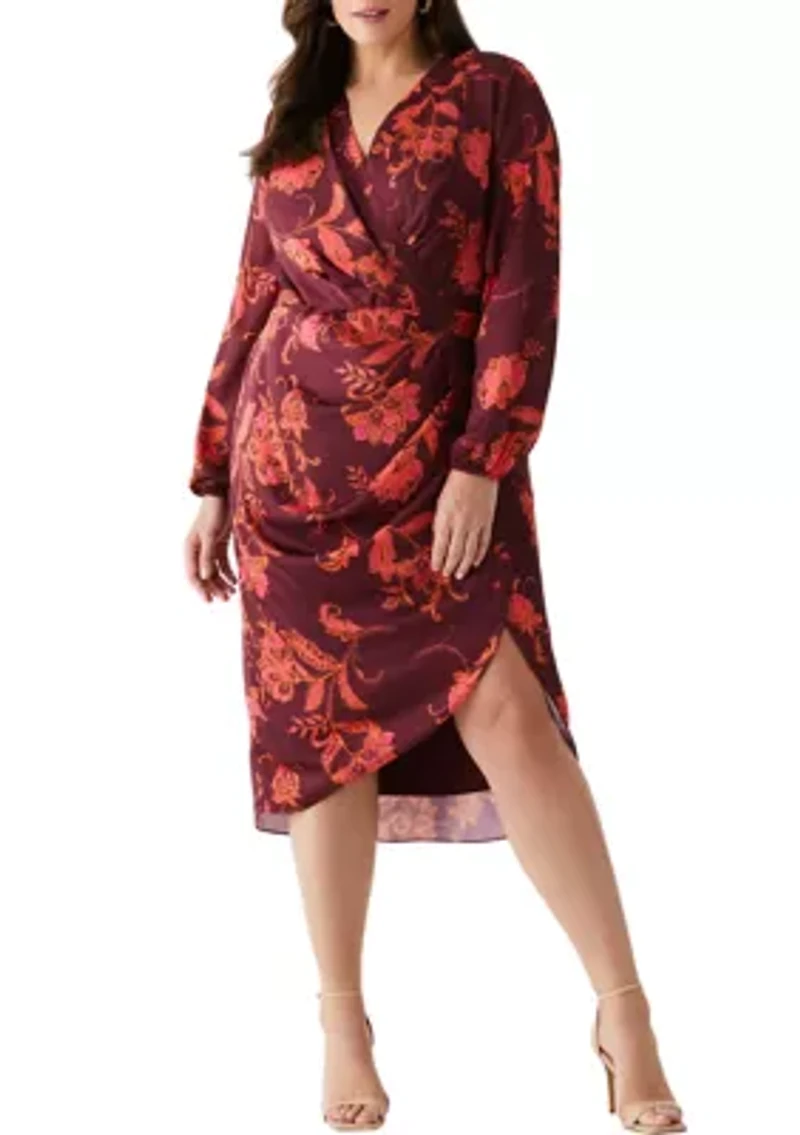 Plus Faux Wrap Long Sleeve Midi Dress