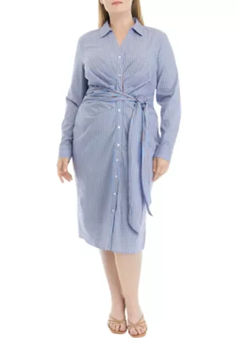Plus Striped Tied Long Sleeve Shirtdress