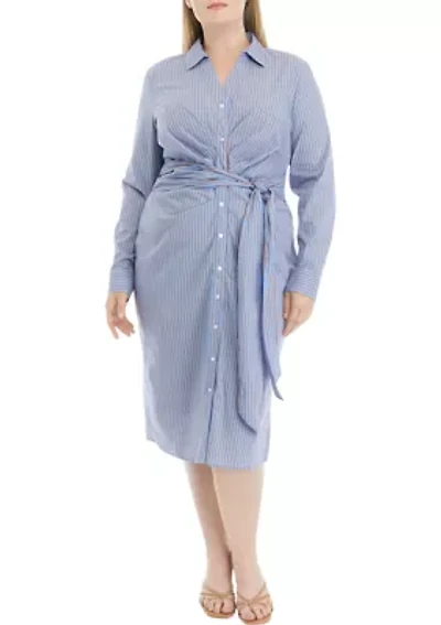 Plus Striped Tied Long Sleeve Shirtdress