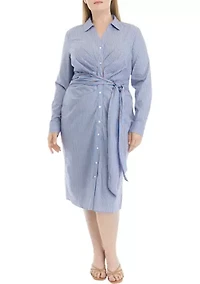Plus Striped Tied Long Sleeve Shirtdress