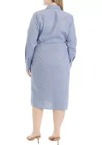 Plus Striped Tied Long Sleeve Shirtdress