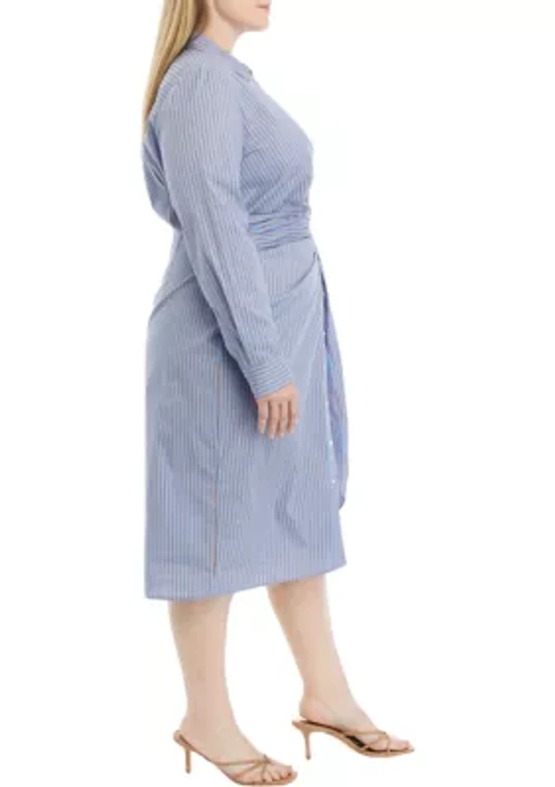 Plus Striped Tied Long Sleeve Shirtdress