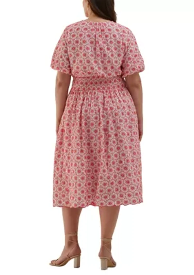Plus Daisy Embroidered Smocked Puff Short Sleeve Dress