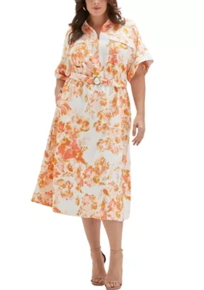 Plus Floral Print Utility Short Sleeve Shirtdress