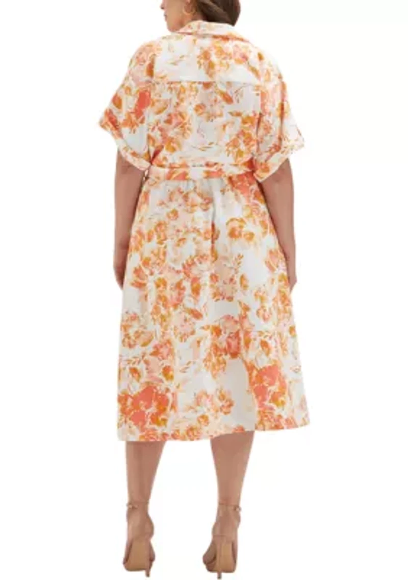 Plus Floral Print Utility Short Sleeve Shirtdress