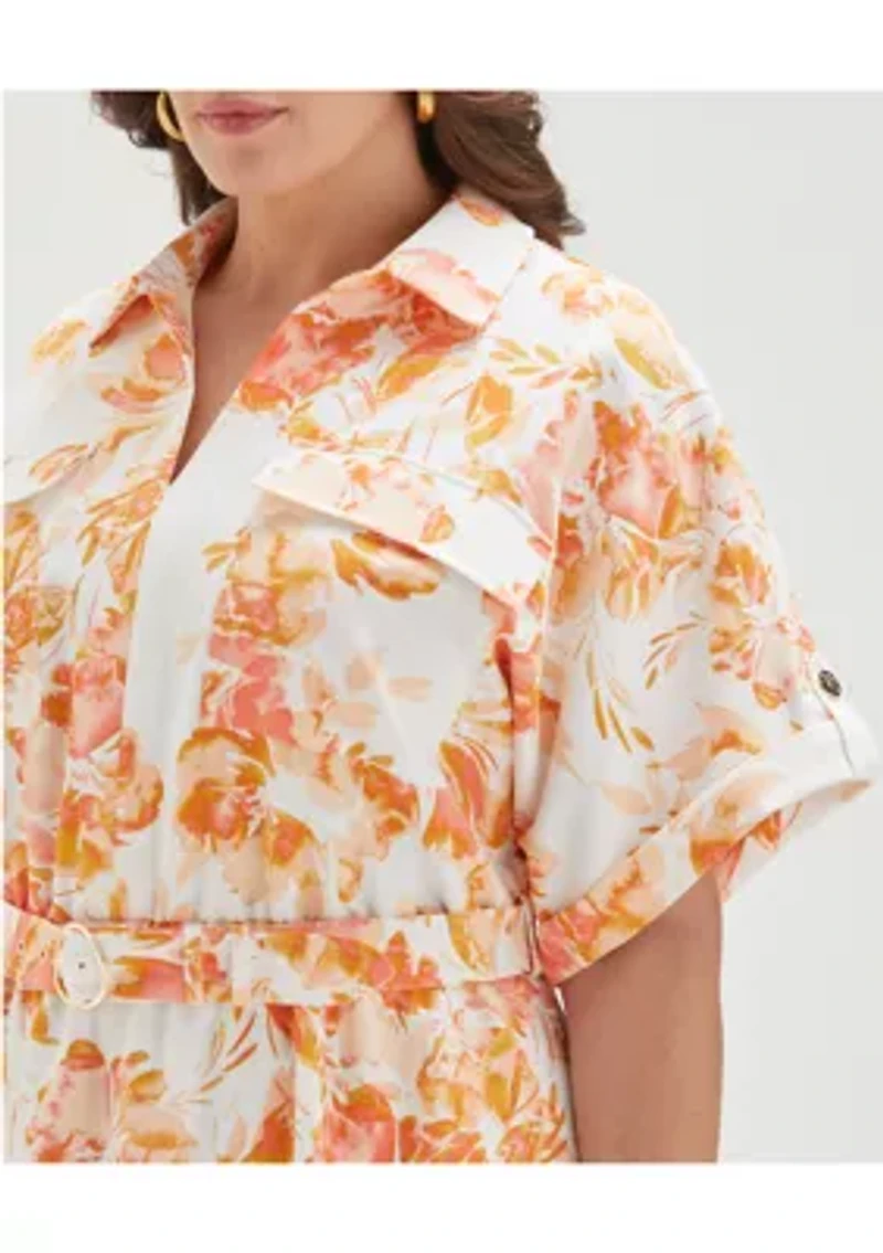 Plus Floral Print Utility Short Sleeve Shirtdress