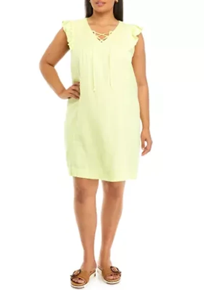 Plus Linen Blend Pintuck Sleeveless Dress