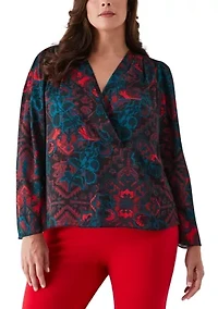 Plus Grand Tapestry Print Cross Front Long Sleeve Blouse