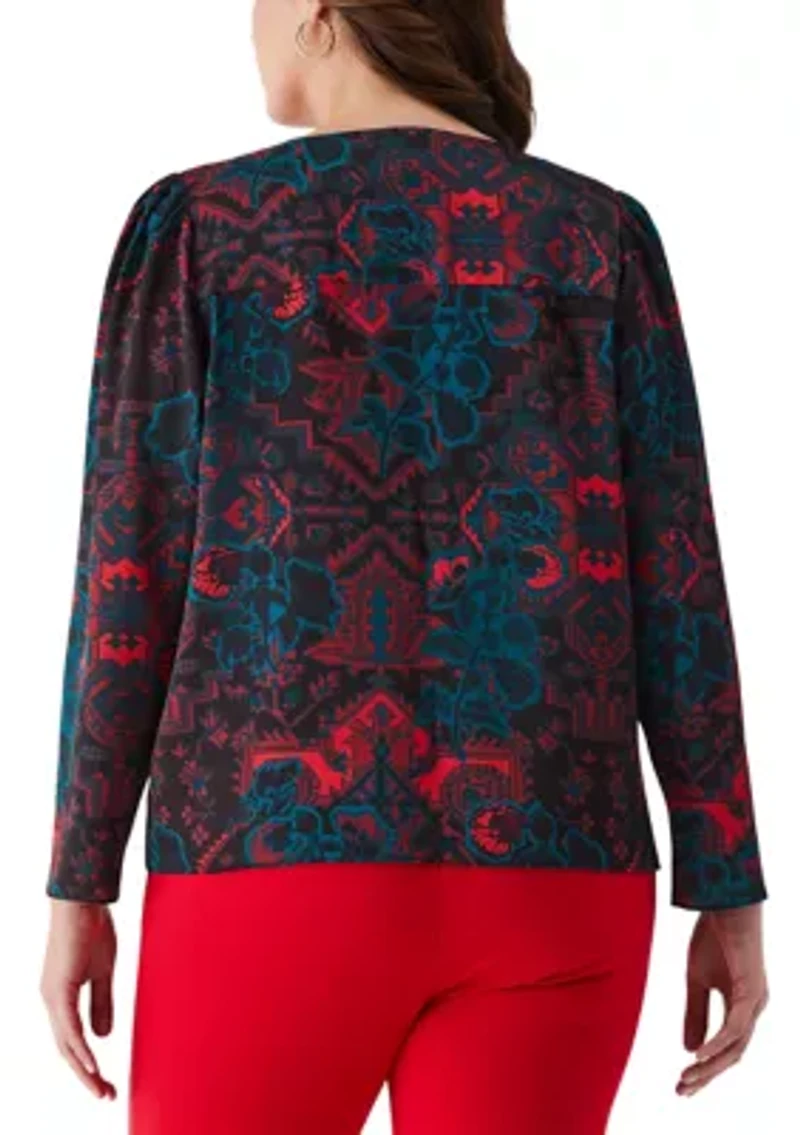 Plus Grand Tapestry Print Cross Front Long Sleeve Blouse
