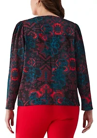 Plus Grand Tapestry Print Cross Front Long Sleeve Blouse