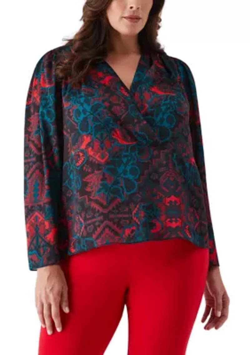 Plus Grand Tapestry Print Cross Front Long Sleeve Blouse