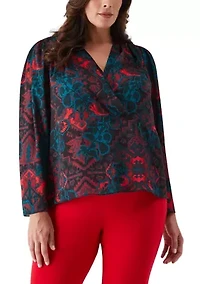 Plus Grand Tapestry Print Cross Front Long Sleeve Blouse
