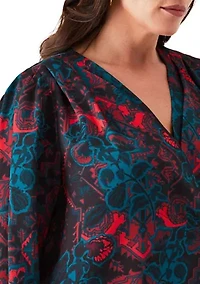 Plus Grand Tapestry Print Cross Front Long Sleeve Blouse