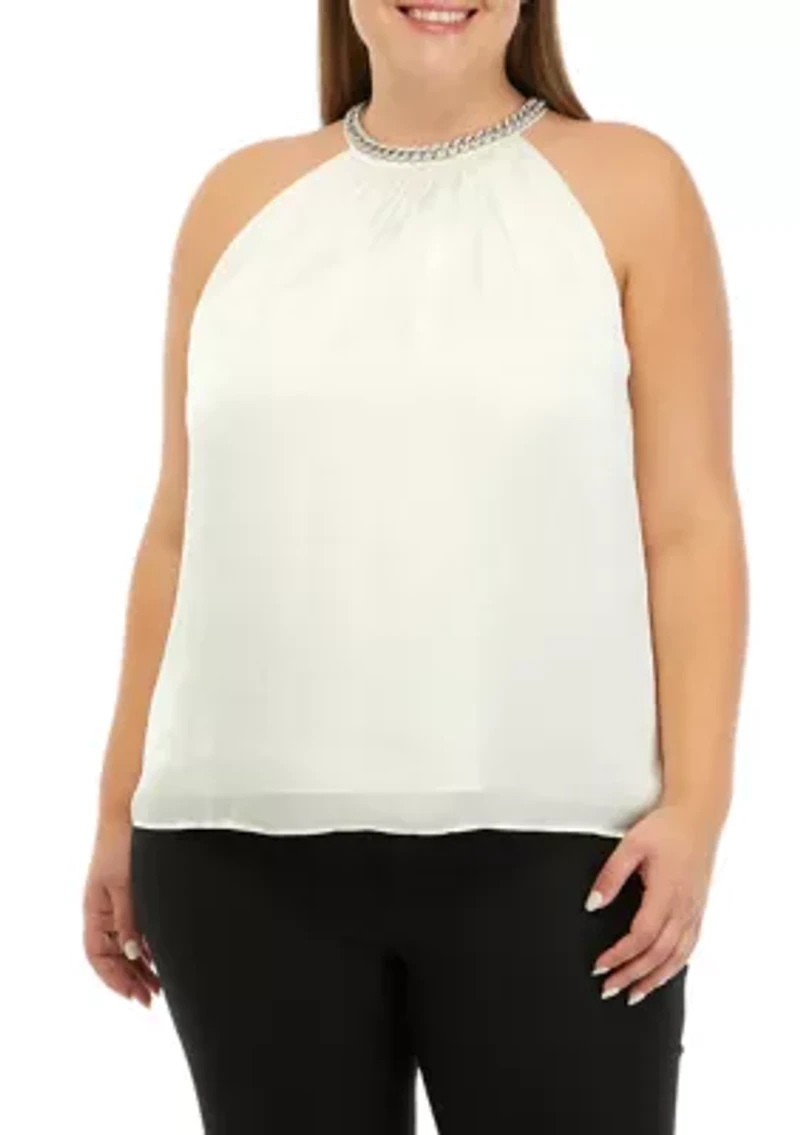 Plus Embellished Neck Halter Blouse