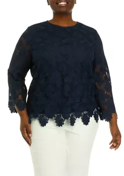 Plus Scalloped Lace Long Sleeve Blouse
