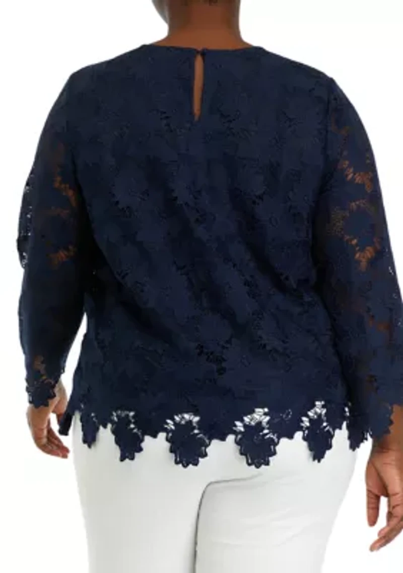 Plus Scalloped Lace Long Sleeve Blouse