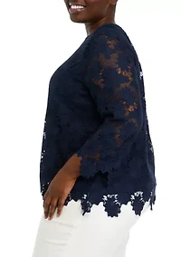 Plus Scalloped Lace Long Sleeve Blouse