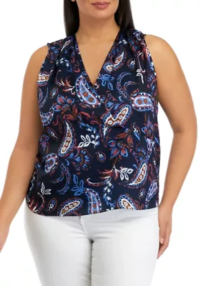 Plus Paisley Printed Pleated Satin Sleeveless Shell Top