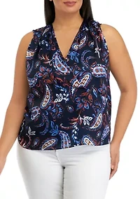 Plus Paisley Printed Pleated Satin Sleeveless Shell Top
