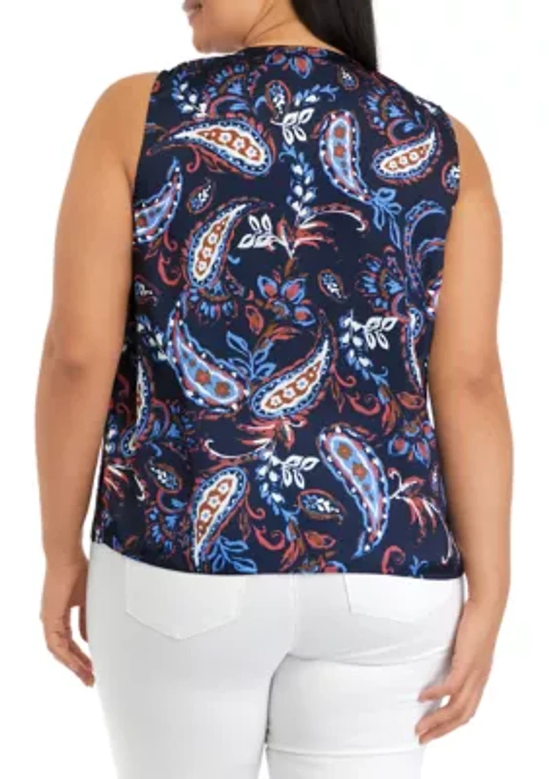 Plus Paisley Printed Pleated Satin Sleeveless Shell Top