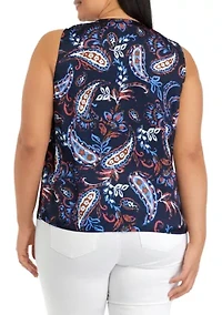 Plus Paisley Printed Pleated Satin Sleeveless Shell Top