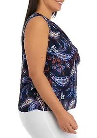 Plus Paisley Printed Pleated Satin Sleeveless Shell Top
