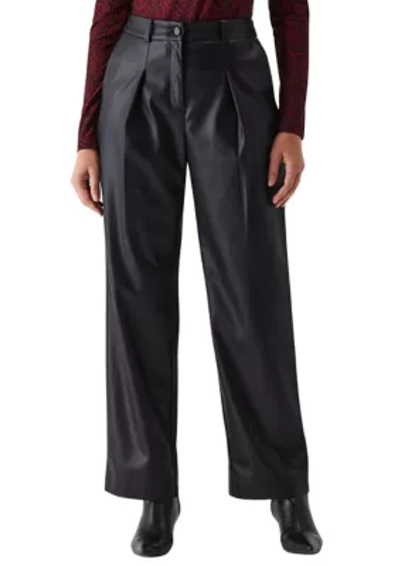 Petite Vegan Leather Wide Leg Pleated Pants