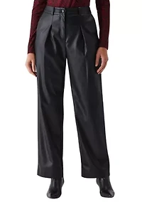 Petite Vegan Leather Wide Leg Pleated Pants