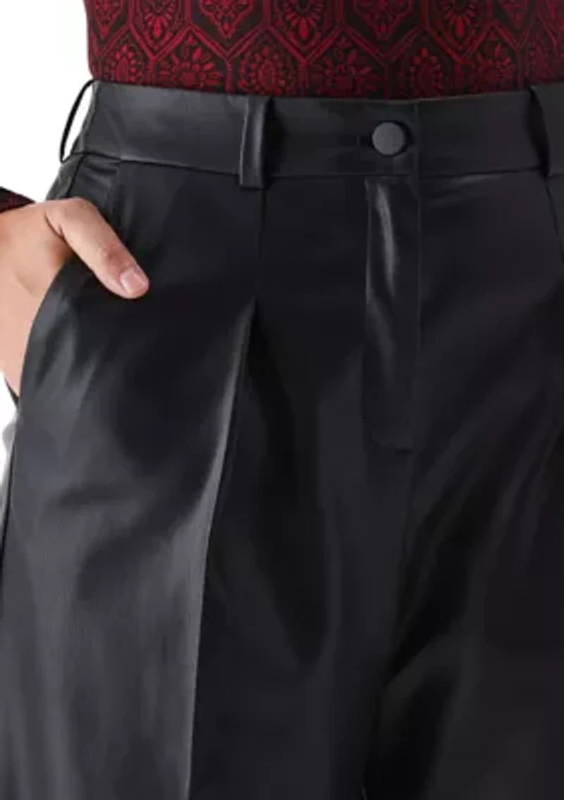 Petite Vegan Leather Wide Leg Pleated Pants