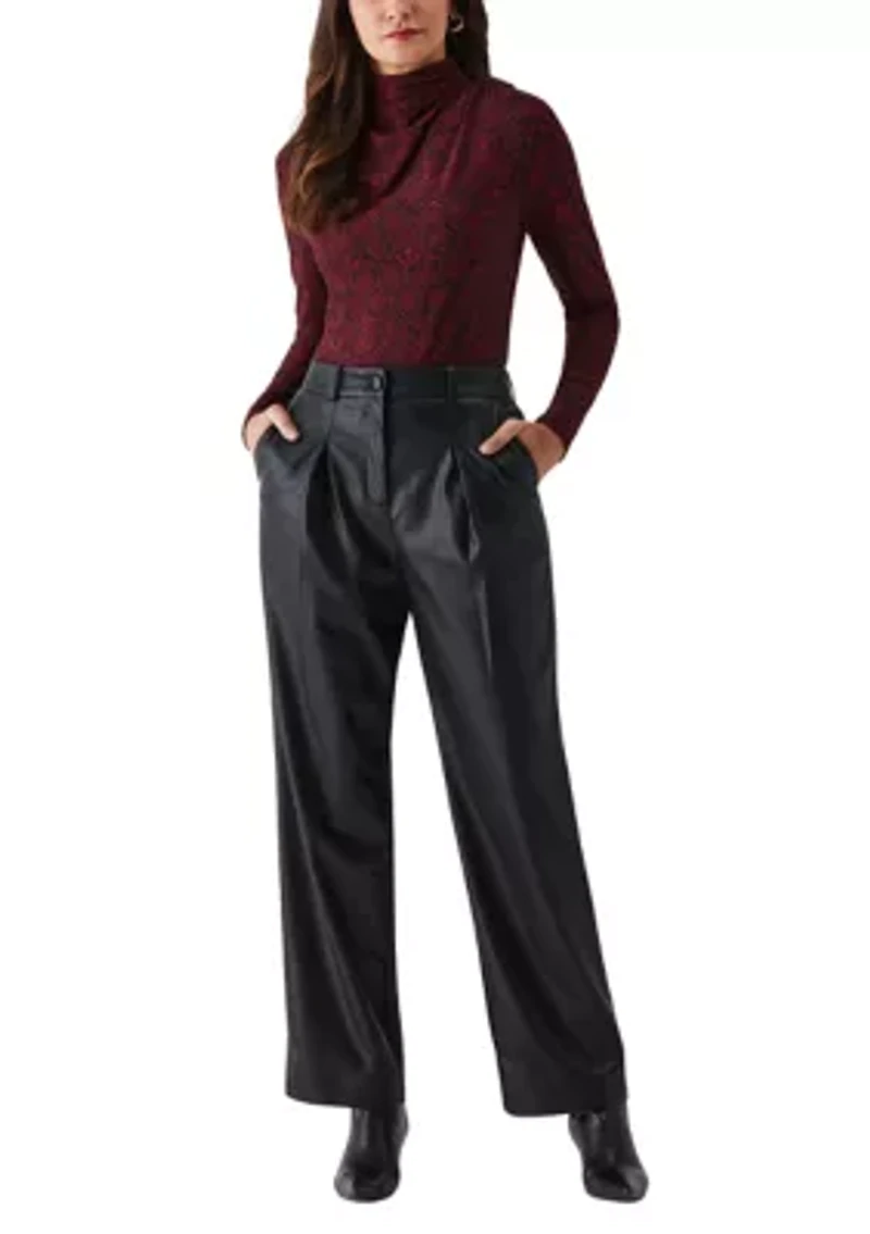 Petite Vegan Leather Wide Leg Pleated Pants