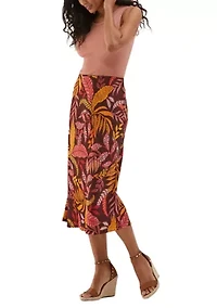 Petite Leaf Print Shine Midi Bias Skirt