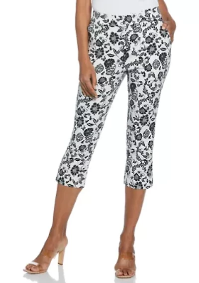 Petite Floral Print Rivet Detail Pull On Capri Pants