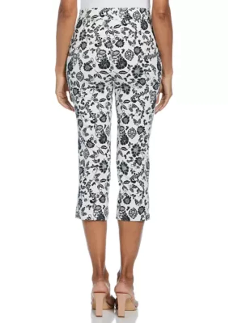Petite Floral Print Rivet Detail Pull On Capri Pants