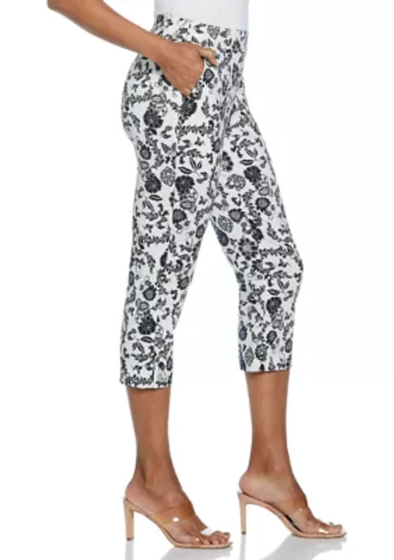 Petite Floral Print Rivet Detail Pull On Capri Pants