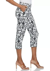 Petite Floral Print Rivet Detail Pull On Capri Pants