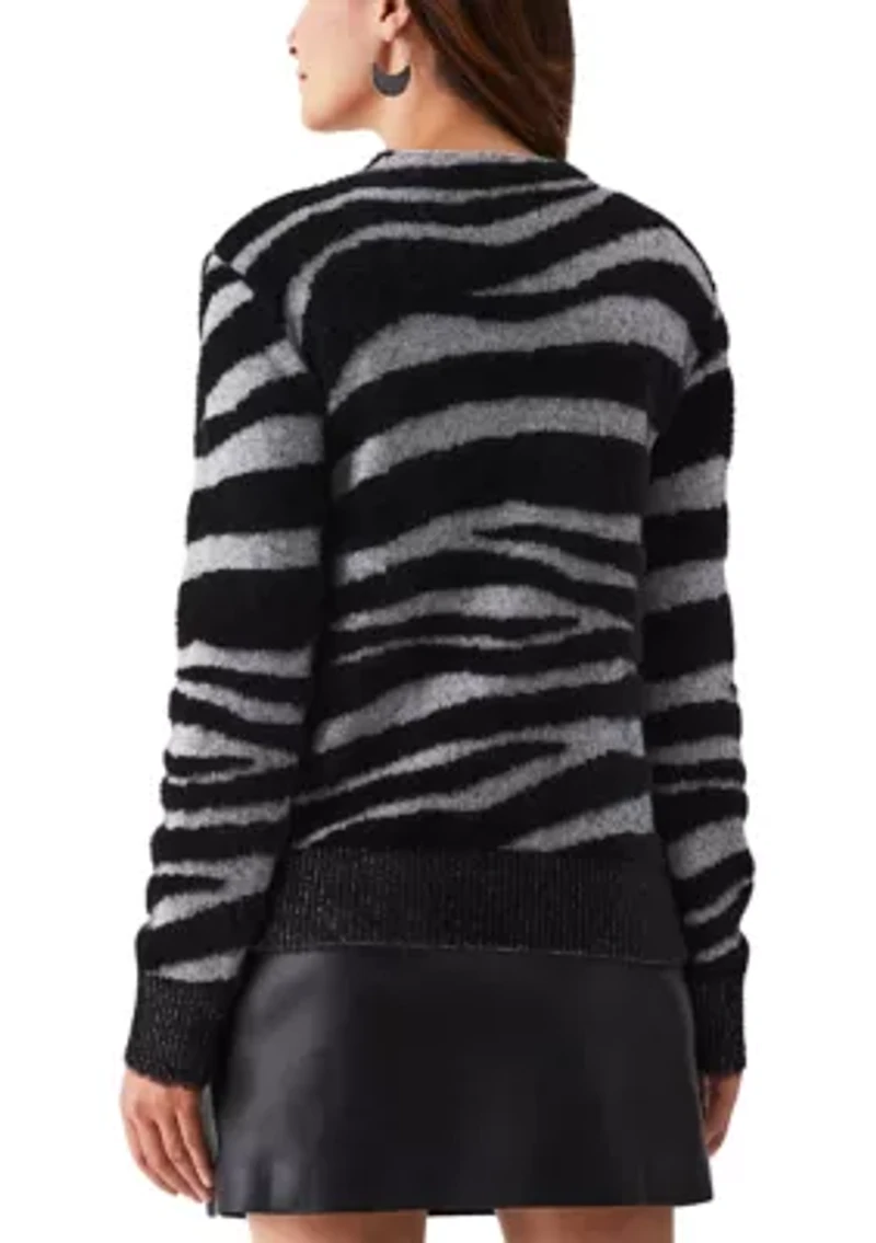 Petite Zebra Print Faux Hair Mock Neck Long Sleeve Sweater