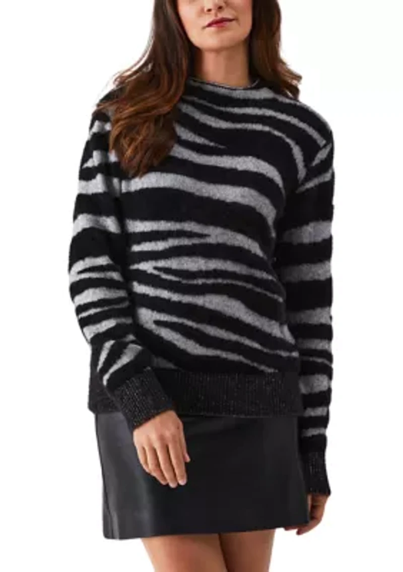 Petite Zebra Print Faux Hair Mock Neck Long Sleeve Sweater