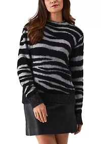 Petite Zebra Print Faux Hair Mock Neck Long Sleeve Sweater